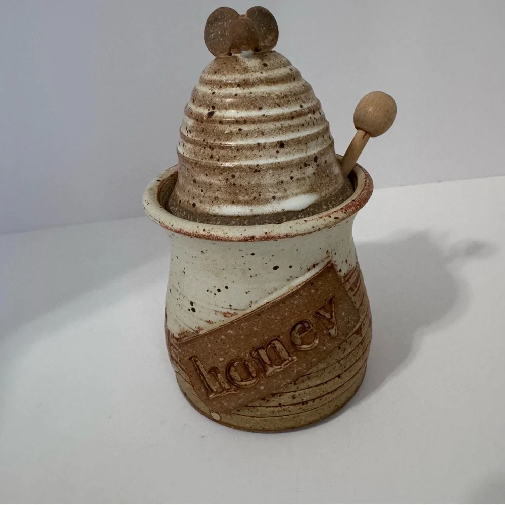 Vintage Wagner Village Pottery Honey Pot Jar Wood Dipper Signed Stoneware Lidded